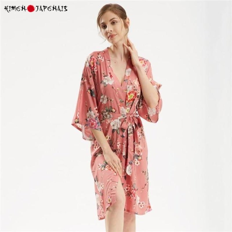 Kimono Femme Satin Rose Poésie florale - Kimono Japonais