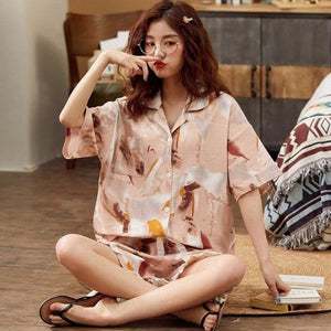 Pajamas Women Short-sleeved Shorts Cardigan Korean Shirt Collar Cotton Thin Section Large Size Girly Style Pyjama Femme Coton - Kimono Japonais